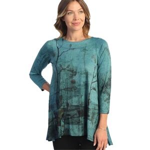 Jess & Jane Jasmine Raglan Tunic M Slinky Teal Tree Landscape Print A-line Silky